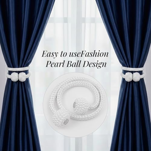 6 Pack Magnetic Curtain Tiebacks, 18.9" White Pearl Drapery Holdbacks