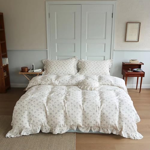 Blue Floral Ruffled Duvet Cover Full Size, Soft Muslin Cotton