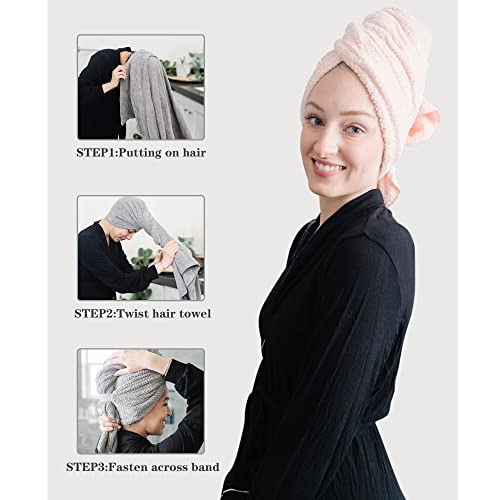 ROLSHOL 2-Pack Large Microfiber Hair Towel Wraps for Women - Grey & Pink, Fast Drying, 27 x 39 Inches