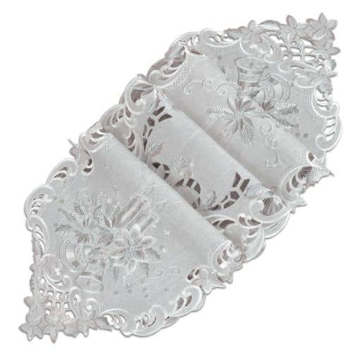 Grelucgo Silver Embroidered Christmas Table Runner with Poinsettia & Scalloped Border