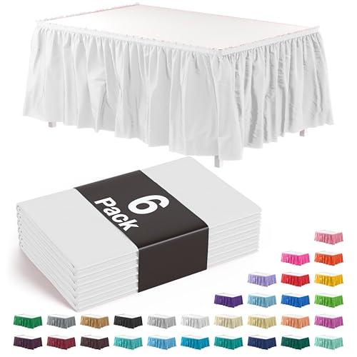 Disposable White Plastic Table Skirts, 14ft Adhesive Table Wrap, 6 Pack