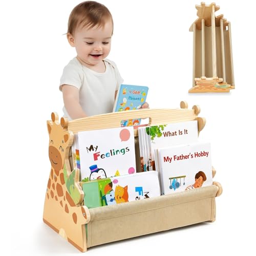 Double-Sided Toddler Bookshelf - 4-Tier Montessori Wooden Book Rack
