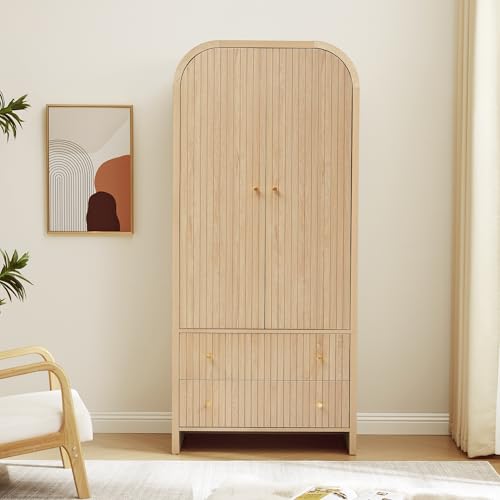 Arched 2-Door Wardrobe Closet with Hanging Rod and 2 Drawers