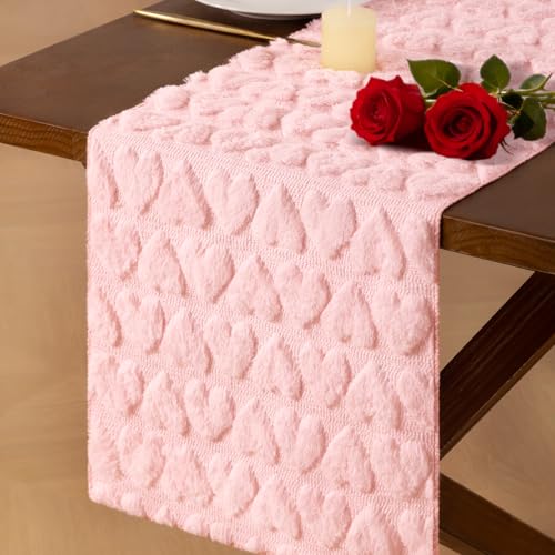 Pink Heart Valentine's Day Plush Faux Fur Jacquard Table Runner 13" x 72" - Socomi