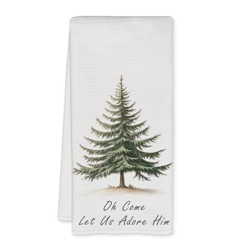 Oh Come Christian Christmas Tree Kitchen Towels - Holiday Pine Tree Dish Towels for Kitchen Decor, 16x24 Inch