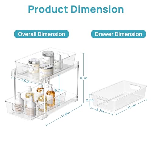 Vtopmart 2 Tier Bathroom Storage Organizer, 2 Pack Clear Under Sink Organizers Vanity Counter Container, Cabinet Drawers Bins, Pull-Out Organization with Track for Pantry, Kitchen