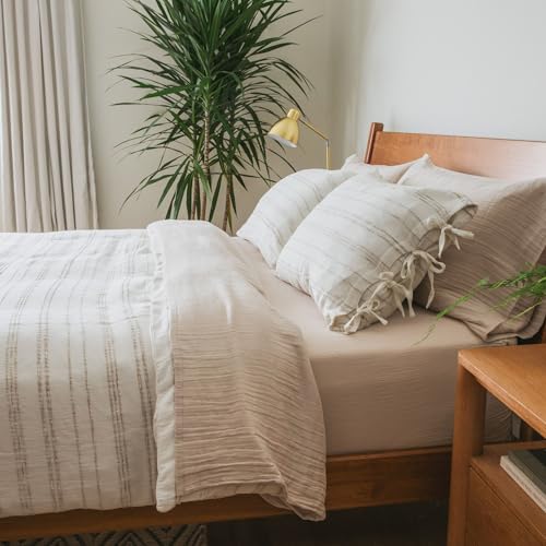 Calm White Beige Stripe King Duvet Cover - Cotton-Linen Blend