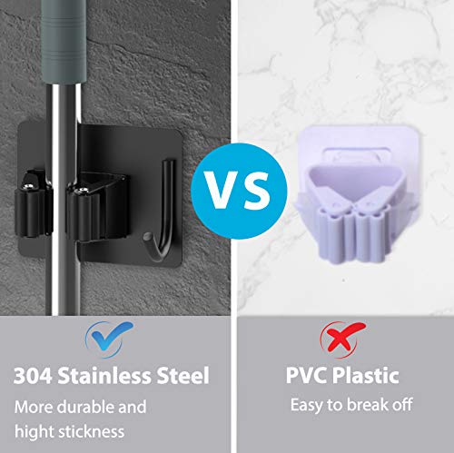 Self Adhesive Broom Holder Wall Mount Stainless Steel Mop Hanger with Hooks