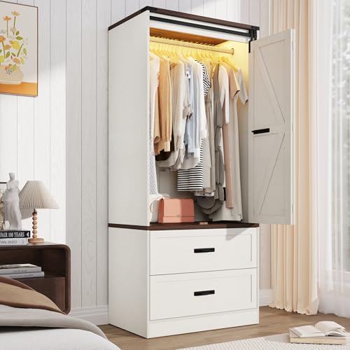 Farmhouse Armoire Wardrobe with Sliding Barn Doors, LED Lights & Drawers