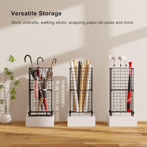 Freestanding Metal Umbrella Stand with Drip Tray and Hooks for Entryway