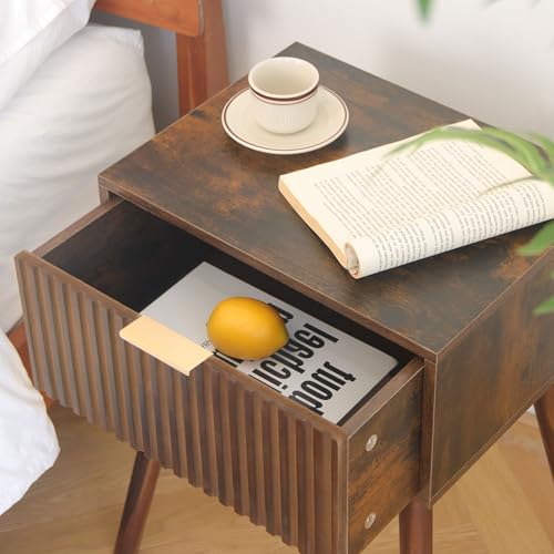 Mid-Century Fluted Nightstand with Drawer and Open Shelf, Walnut Finish