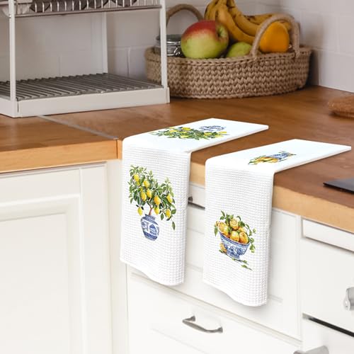 TAEDIN Lemon-1 Chinoiserie Kitchen Towels Set of 2 Blue & White 16x24 Inches
