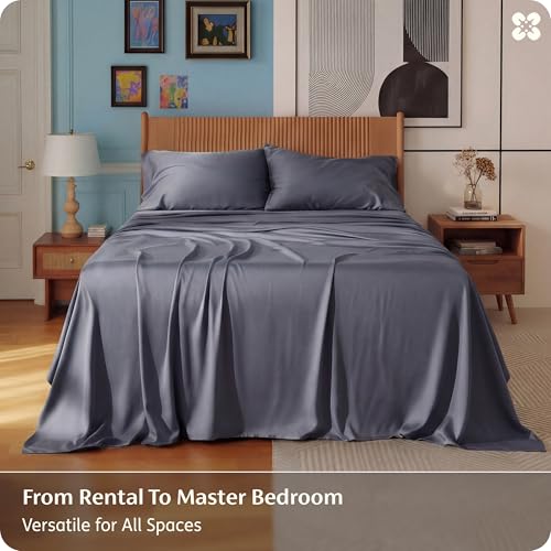 Bedsure Bamboo Queen Sheet Set - Cooling Silky Soft Bed Sheets, Dark Grey