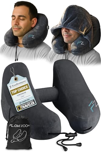 Inflatable Neck Pillow for Travel - H-Shape Hooded Airplane Pillow