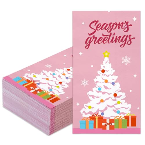 Wrapaholic 50Pcs Pink Christmas Tree Gift Hand Towels – 3-Ply Paper Napkins, 4.3 x 7.9 in, Xmas Holiday