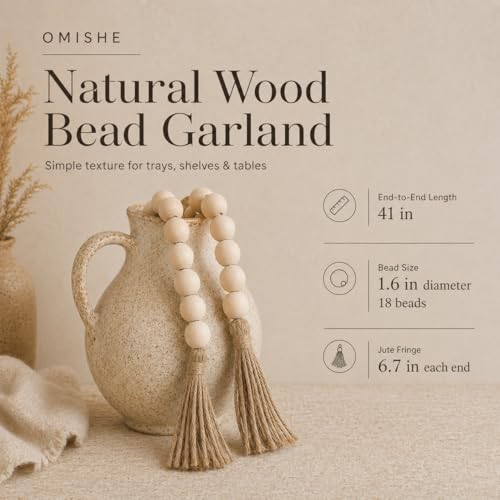 Extra Large Wood Bead Garland with Tassels - 41-Inch Rustic Farmhouse Decor