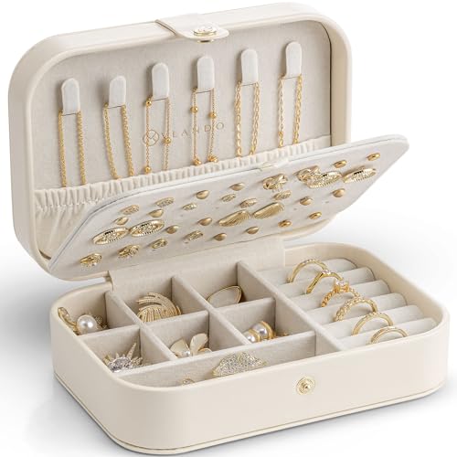 Compact Travel Jewelry Box Organizer, Double-Layer PU Leather Case - Beige