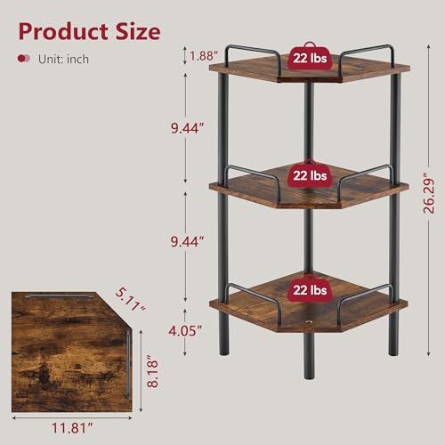 3-Tier Industrial Corner Shelf, Rustic Brown Standing Storage Unit