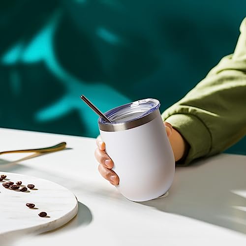 12 oz Insulated Stemless Wine Tumbler with Lid & Straw – 8 Count, White