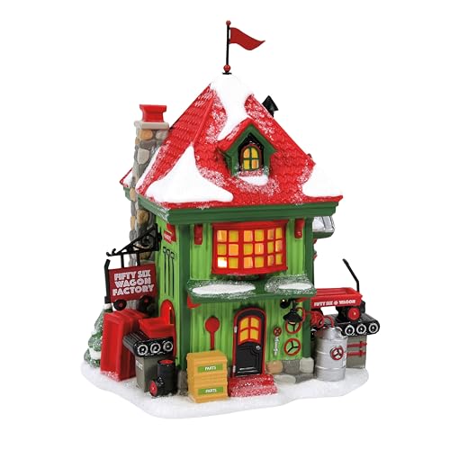 Department 56 North Pole Fifty-Six Wagon Factory Lit Building – Handcrafted Porcelain Christmas Village