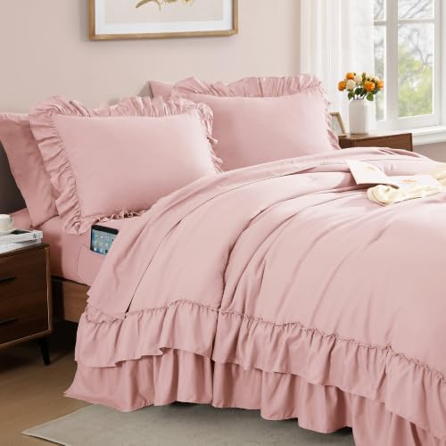 Queen Ruffle Comforter Set - Soft Pink 7-Piece Bedding Set