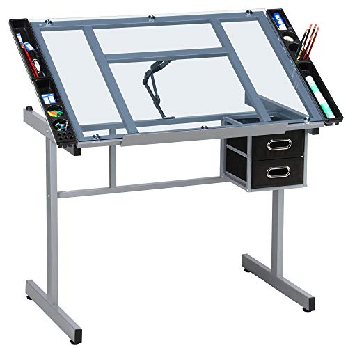 Adjustable Glass Drafting Table with Storage Drawers and Side Trays