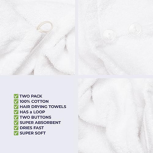 White Cotton Hair Turban Towel for Women - Soft Absorbent Head Wrap, 2 Pack