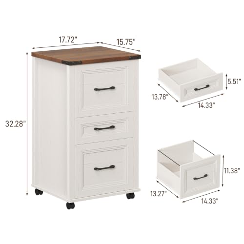 3-Drawer Mobile File Cabinet with Wheels, Rustic Farmhouse Printer Stand