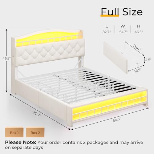 Full Size Bed Frame with Storage Drawers, LED Lights and Charging Station