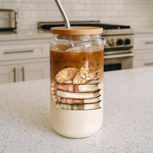 Niyorayna 16oz Glass Drinking Cup with Lid & Straw - Cute Cat Bookish Gift for Women, Mom, Sister, Book Lovers