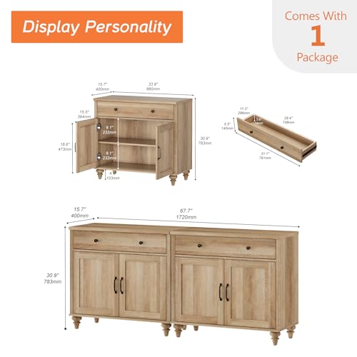 WAMPAT Oak Buffet Cabinet with 4 Doors & 2 Drawers - Vintage Gourd Legs, Large Sideboard, 67.7"