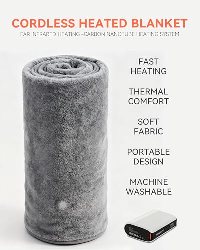 Cordless Heated Throw Blanket with Battery Pack, Ultra-Soft Faux Rabbit Fur