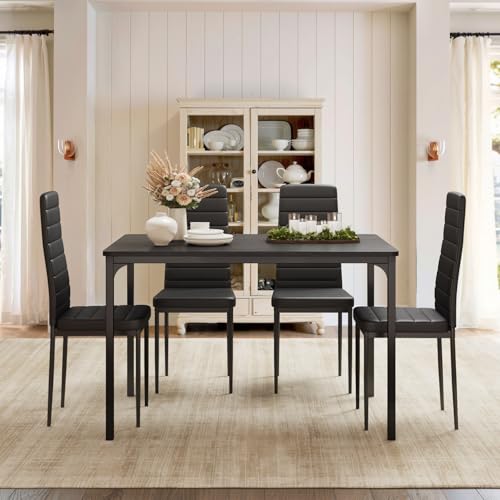 Gizoon 5-Piece Dining Table Set for 4 with Black PU Chairs – Modern Kitchen Furniture
