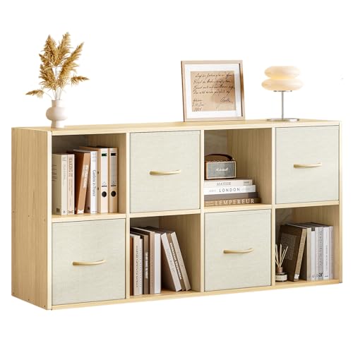 8-Cube Solid Wood Storage Organizer with 4 Foldable Fabric Bins