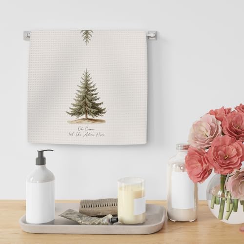 Vintage Tree Christmas Kitchen Towels 16x24in - Let Us Adore Him Xmas Dish Towel (Variation: Vintage Tree) by OINDADE