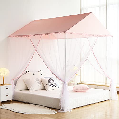 Girls Bed Canopy Mosquito Net with Pompoms for House Bed, Pink