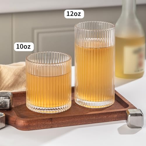 Lumkit 8PCS Clear Ribbed Drinking Glasses Set – 10oz & 12oz Tumblers for Wedding & Party