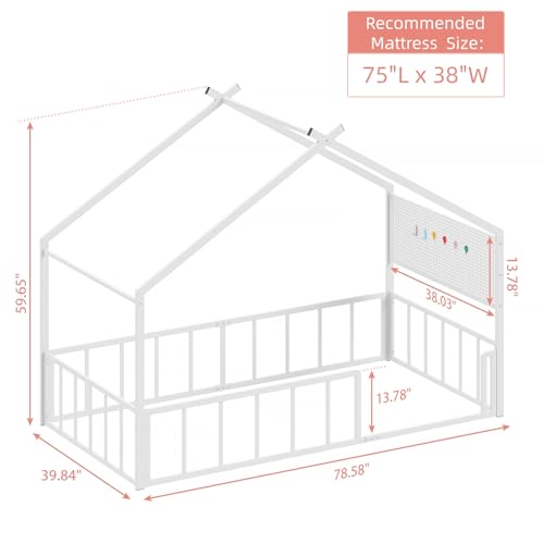 Twin Size Montessori House Bed Frame with Pegboard and Safety Guardrails