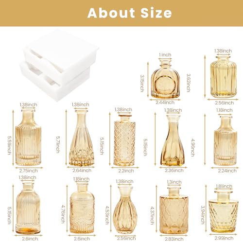 Amber Glass Bud Vases Set of 12 - Vintage Mini Vases for Centerpieces