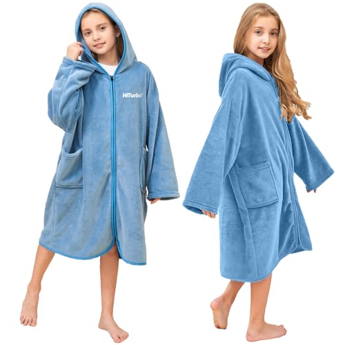 Hiturbo Kids Hooded Surf Poncho Towel - Fleece Changing Robe (Ages 7-12)