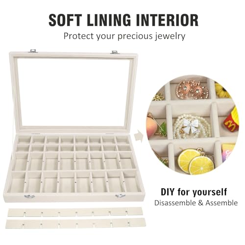 48-Grid Velvet Earring Jewelry Organizer Tray with Glass Lid and Locks