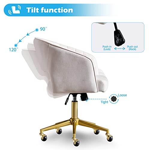 Cream Velvet Vanity Chair with Gold Base, Adjustable Swivel Desk Chair