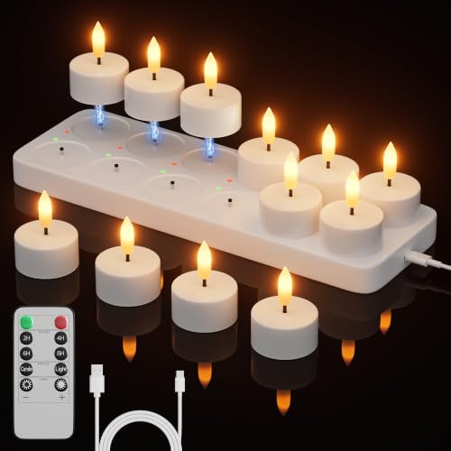 Kimjo White 12-Pack Rechargeable Flameless Tea Lights with Remote & Timer