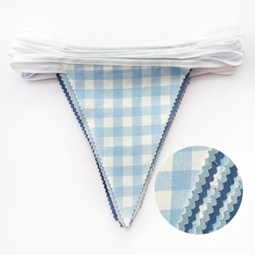 32ft Dusty Blue Gingham Fabric Pennant Banner - Reusable Triangle Flag Garland