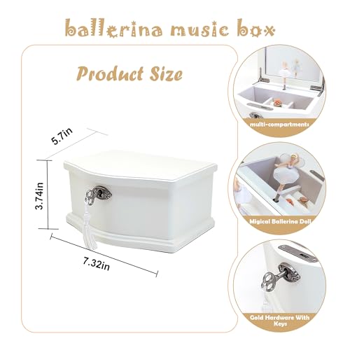 White Wooden Ballerina Musical Jewelry Box with Mirror and Lock