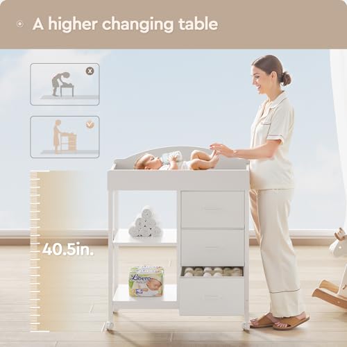 Baby Changing Table Dresser with 3 Drawers, 2 Shelves and Changing Pad