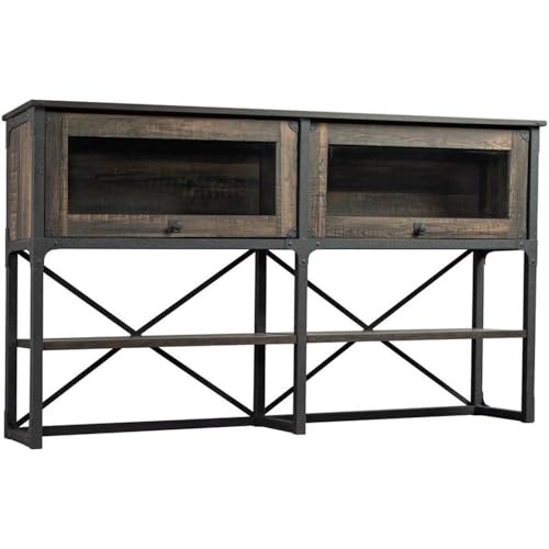 Industrial 66-Inch Office Hutch with Glass Doors and Adjustable Shelves