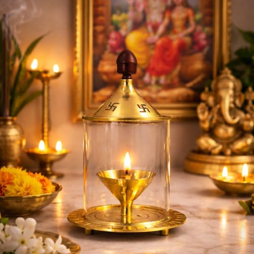Brass Akhand Jyoti Diya Oil Lamp with Glass Wind Protector (4 Inch)