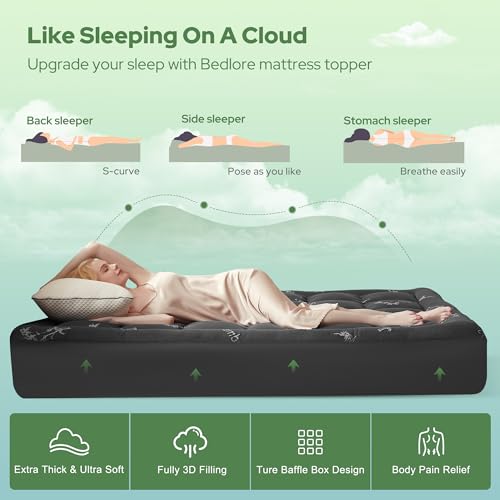 BEDLORE Queen Bamboo Mattress Topper - Thick Pillow Top Pad Dark Gray