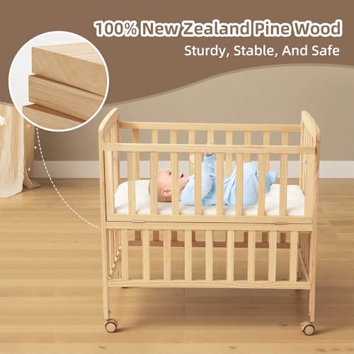 Portable Wooden Bedside Bassinet with Mattress, 6-Height Adjustable Mini Crib